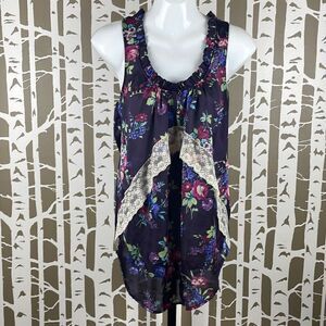 Lily White Plum Purple Floral Print Satin Racerback Tank Top S